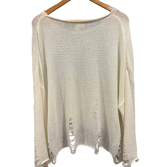Boho Comfy Distressed Knit Ivory White Poncho Peasant Sweater, Women's Medium - Picture 4 of 8